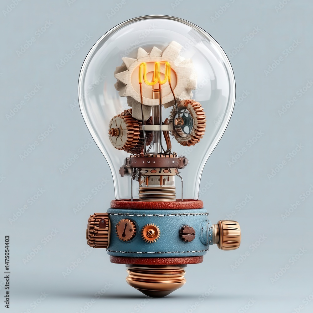 Poster intricate steampunk lightbulb design with gears and clockwork.
