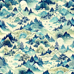 Intricate watercolor mountain landscape pattern representing nature and tranquility