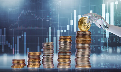 Robotic hand places bitcoin on a stack of coins in a digital finance setting