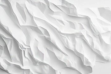 Abstract crumpled white paper texture.  Intricate folds and creases create a three-dimensional effect.  Light and shadow highlight the paper's surface, showcasing the design's depth