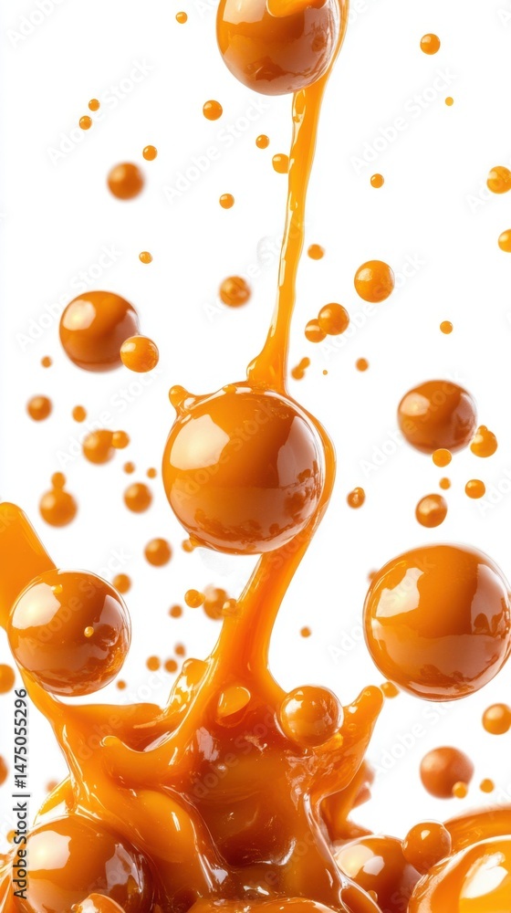 Poster abstract caramel liquid motion on white background studio shot with floating spheres and dripping vi