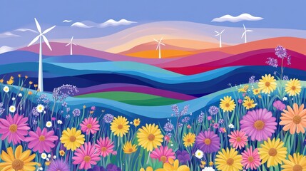 Vibrant landscape with wind turbines and colorful flowers in a scenic setting