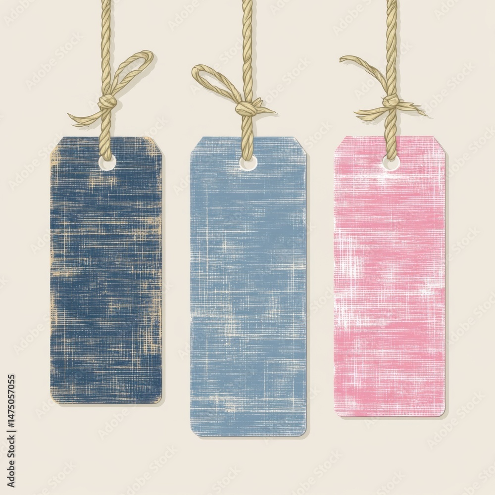 Poster three textured paper tags hanging from twine strings in studio shot for price or gift labels with bl