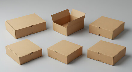 Kraft brown cardboard boxes arranged in various positions for packaging concepts, e-commerce visuals, storage themes, and shipping illustrations