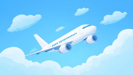 Fototapeta premium Airplane Flying High in Clear Blue Sky with White Clouds