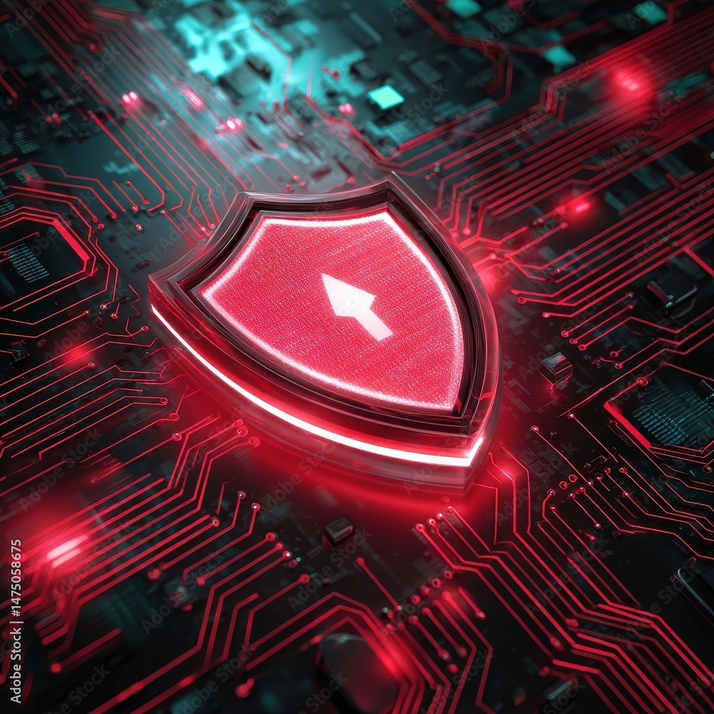 Poster illuminated shield graphic on complex circuit board design.