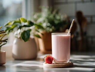 Refreshing protein shake with fresh strawberries in a sunny kitchen