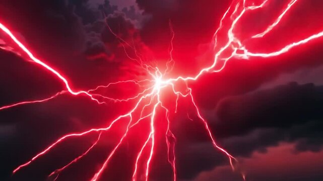 A dramatic view of red lightning striking through dark and cloudy skies during a thunderstorm event