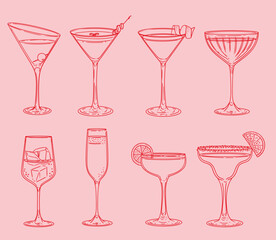 drinks 2Set of original drinks in minimalist-style glasses. Drinking glass elements for posters, menus, cards, and graphic design. Vector illustration.