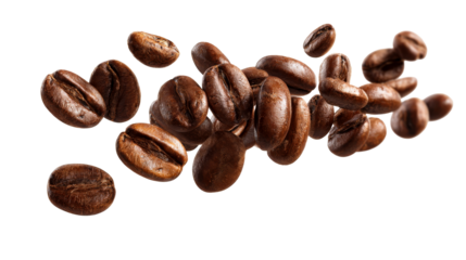 Coffee beans floating in air with a transparent background