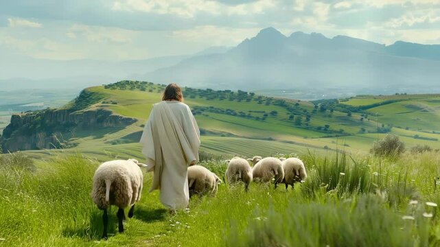 Peaceful 4K AI generative video of Jesus walking with a flock of sheep under daylight, symbolizing guidance, faith, and serenity. AI generative 4K video