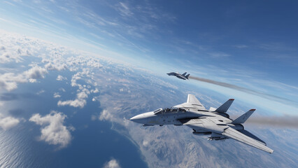 A dynamic aerial dogfight simulation shows jets performing barrel rolls and evasive maneuvers in 3D space, showcasing speed, agility, and high-tech combat action against a clear sky backdrop.