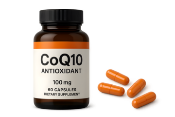 A bottle of CoQ10 dietary supplement capsules, labeled as an antioxidant, containing 100 mg per capsule. Concept CoQ10 Benefits, Dietary Supplement, Antioxidant Properties, Dosage Information