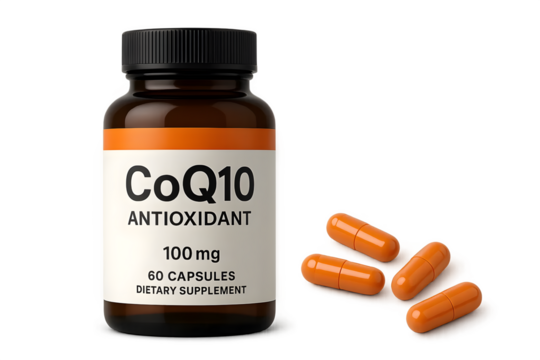 A bottle of CoQ10 dietary supplement capsules, labeled as an antioxidant, containing 100 mg per capsule. Concept CoQ10 Benefits, Dietary Supplement, Antioxidant Properties, Dosage Information