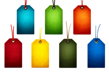 Colorful gift tags arranged on a transparent background