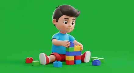 Playful Boy Building Colorful Blocks: A 3D Render of Childhood Joy