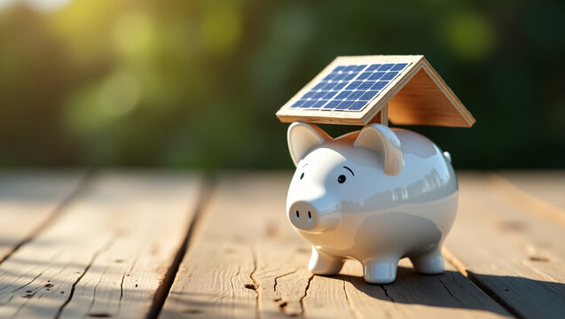 A piggy bank with a small solar panel on top. A piggy bank is symbolizing green energy