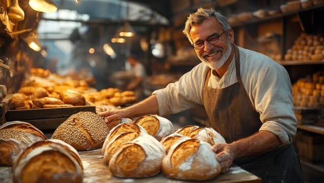 Happy man at bread shop, selling fresh loaves