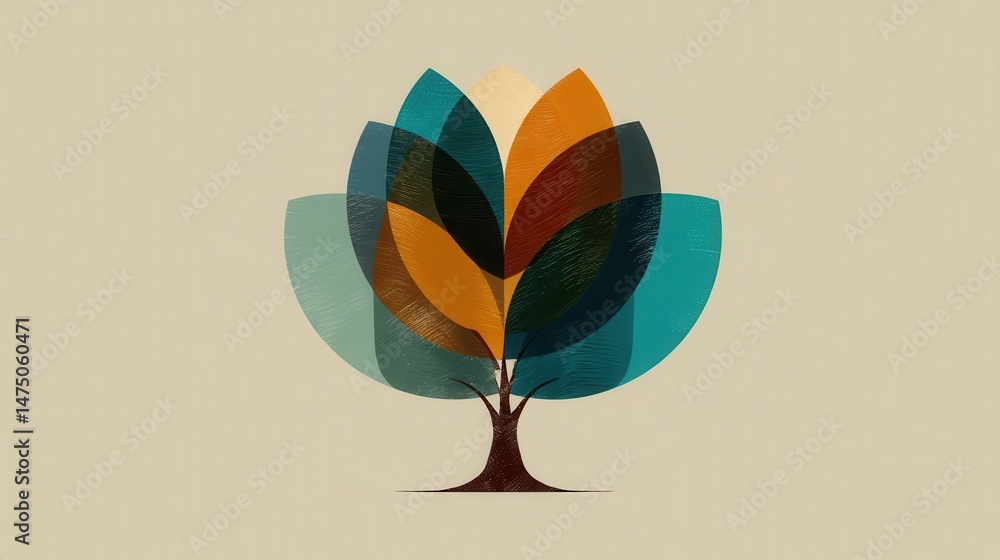 Poster abstract graphic design of a stylized tree with overlapping leaves.