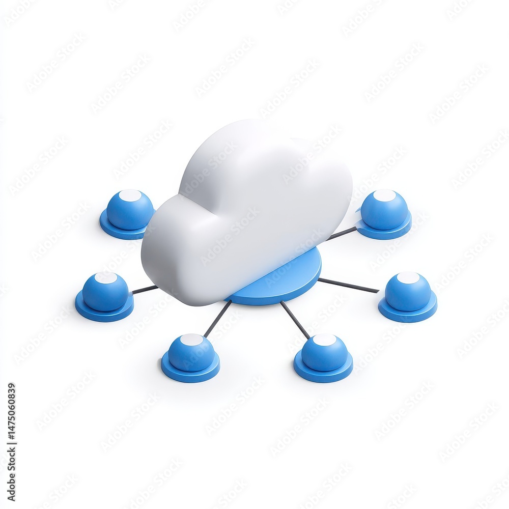 Poster 3d rendering of a cloud connected to several devices.