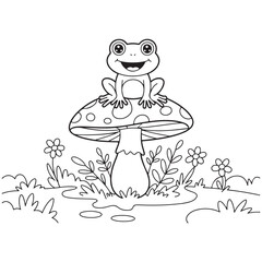Vintage Frog on mushroom outline coloring page, line cute toad drawing, funny engraved frog vector art illustration design