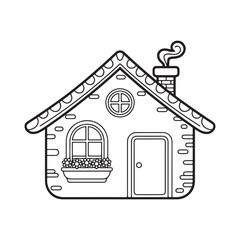 House Line art coloring page, outline cute cottage drawing, house vector art illustration design.