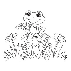 Vintage Frog on mushroom outline coloring page, line cute toad drawing, funny engraved frog vector art illustration design