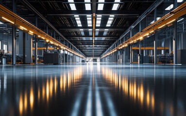 Fototapeta premium Photorealistic visualization of a high-tech factory interior powered by renewable energy in the context of research and development featuring workers and robotic assembly lines