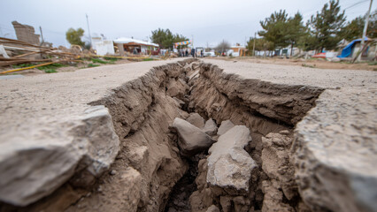 A deep, jagged fissure caused by an earthquake cuts through the ground, splitting broken roads and scattered debris under a grey, overcast sky, illustrating the raw power of natural disaster.