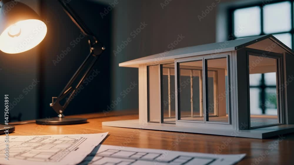 Poster a close-up video shot of a modern architectural model on a desk, illuminated by a lamp, with bluepri