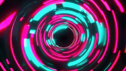 Mesmerizing spiral of neon blue and pink circles creates futuristic vortex tunnel effect. Hypnotic sci-fi portal animation with pulsating light rings. Immersive gateway to cosmic digital void.
- Powered by Adobe