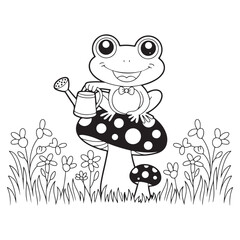 Vintage Frog on mushroom outline coloring page, line cute toad drawing, funny engraved frog vector art illustration design