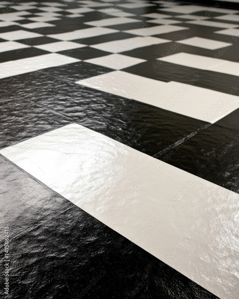 Poster close up of black and white checkerboard floor tiles in a diagonal pattern low angle view
