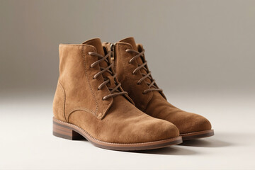 Tan Suede Ankle Boots with Laces Isolated on White Background – Fashion Footwear with Subtle Shadow

