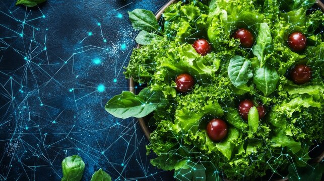 Green Salad Network Lettuce, Cherry Tomatoes, Digital Overlay Healthy Eating, Food Tech