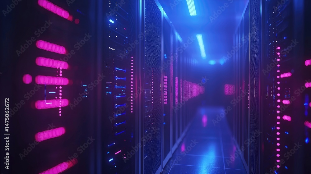 Aufkleber high-tech server hallway glowing in magenta and blue hues, showcasing digital data infrastructure, i