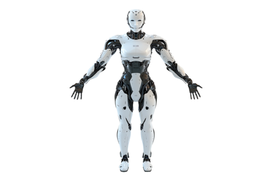 Full-body view of a humanoid robot in a T-pose isolated on transparent background
