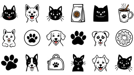Fototapeta premium Cute Pets Icons Illustrating Dogs and Cats in Black and White Style - 