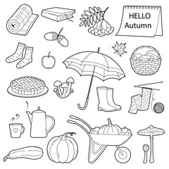 Autumn set of seasonal objects. Outline illustration, isolated on white background, design elements or page of children's coloring book