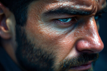 Close-up of intense male face with serious expression