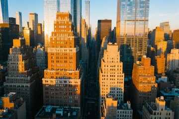 Aerial view of bustling new york city showcasing impressive architecture and a beautiful sunset glow