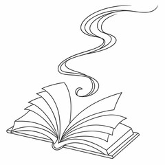 Open book illustration, imaginative, releasing steam, in black outline