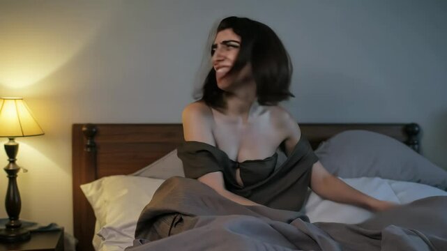 Woman nervously concealing clothing items in bedroom with anxious expression. Dramatic portrayal of guilt and secrecy suggests marital infidelity, capturing emotionally charged domestic conflict.
