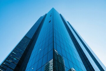 Obraz premium A modern high rise corporate office building architectural structure with blue glass facade and clear sky background