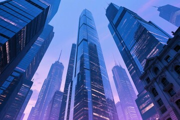 Low angle view showcasing towering skyscrapers in a modern urban cityscape during dusk twilight.