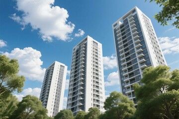 Modern high rise residential buildings against a beautiful sky with white clouds and green trees