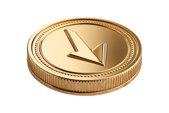Gold coin with a down arrow embedded isolated on transparent background
