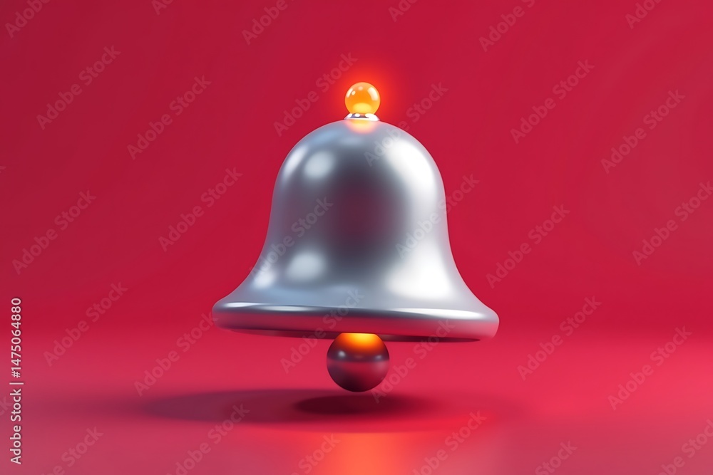 Poster 3d render of a chrome notification bell with glowing orbs on a red gradient background, modern and m