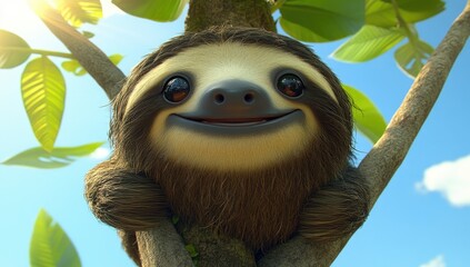 Smiling sloth clinging to a tree branch, bright sunlight and lush foliage.  Adorable animal close-up