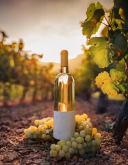 Fototapeta premium White wine bottle standing among ripe white grapes in a vineyard at sunset